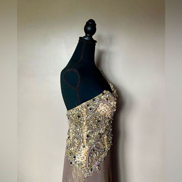TERANI COUTURE prom pageant gown beaded bronze brown floor length dress sz 8 NWT - Picture 6 of 12